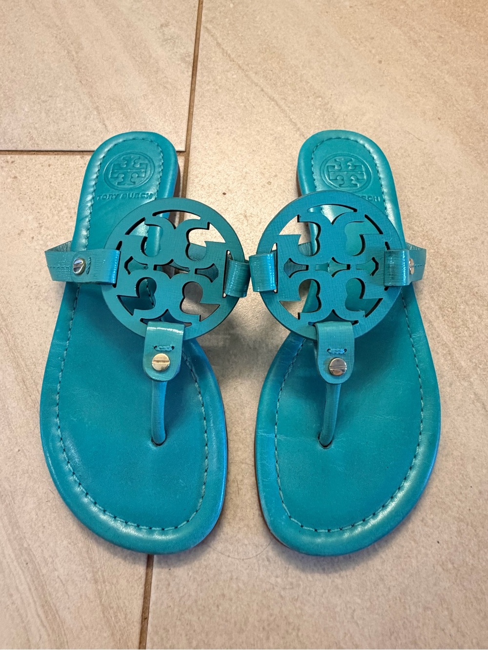 Tory Burch Teal Miller Logo Thong Sandals